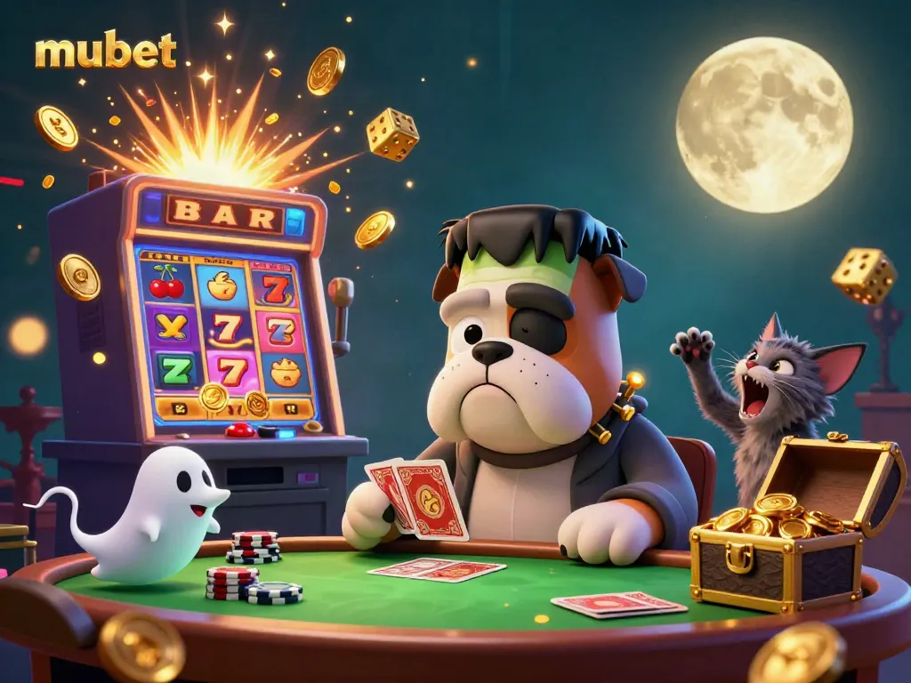Experience thrilling casino action at mubet with a cartoon bulldog monster dealer and casino excitement.