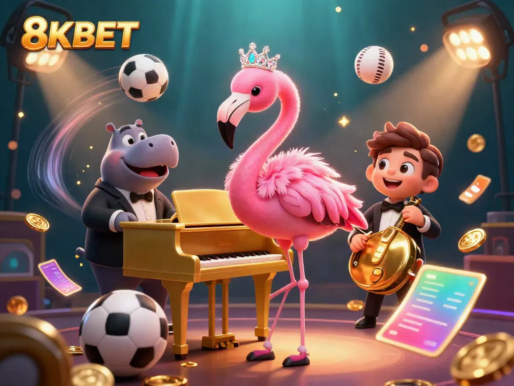 Experience vibrant casino energy with 8KBET's dazzling flamingo singer and hippo bassist in this animated scene.