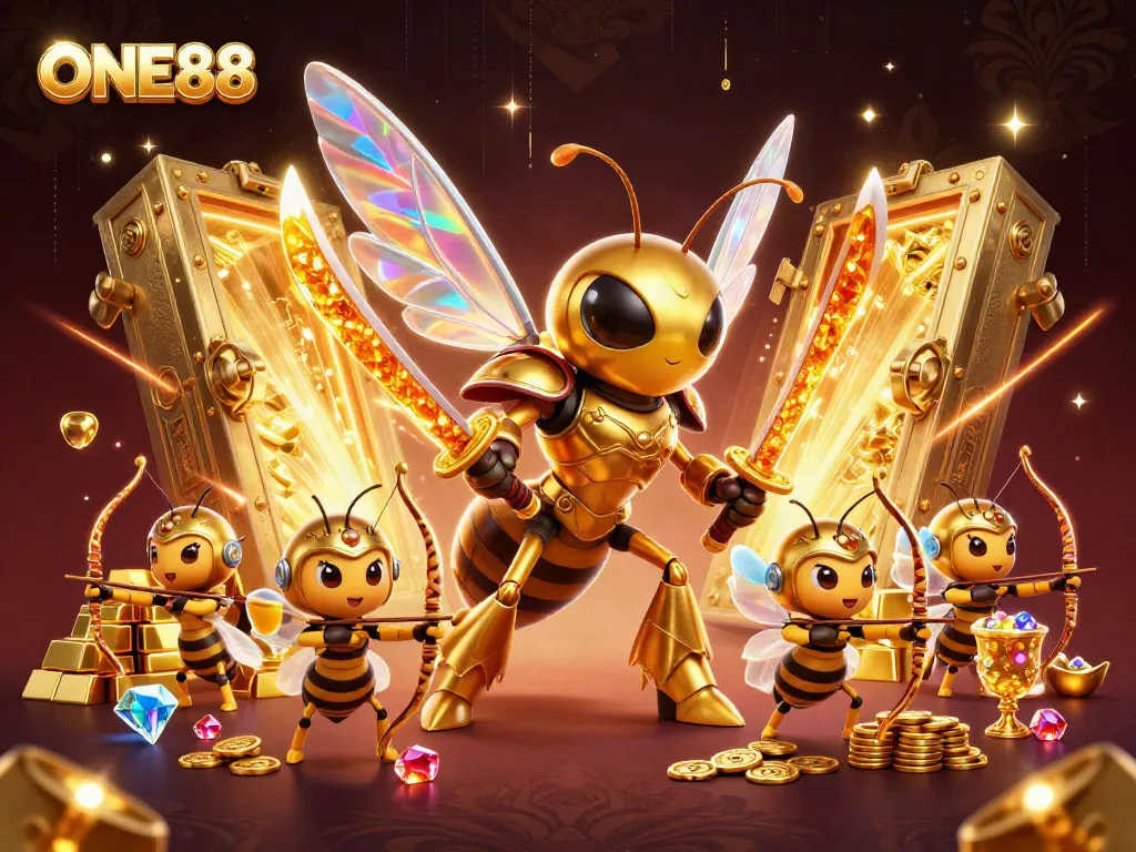 Engage with the spectacular ONE88 online casino scene featuring a golden hornet samurai surrounded by treasures and game elements.