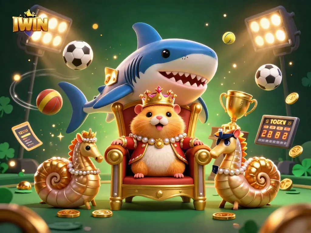 IWIN captures players' excitement in a vibrant scene with a unique hamster king seated on a megalodon throne amidst dynamic sports elements.