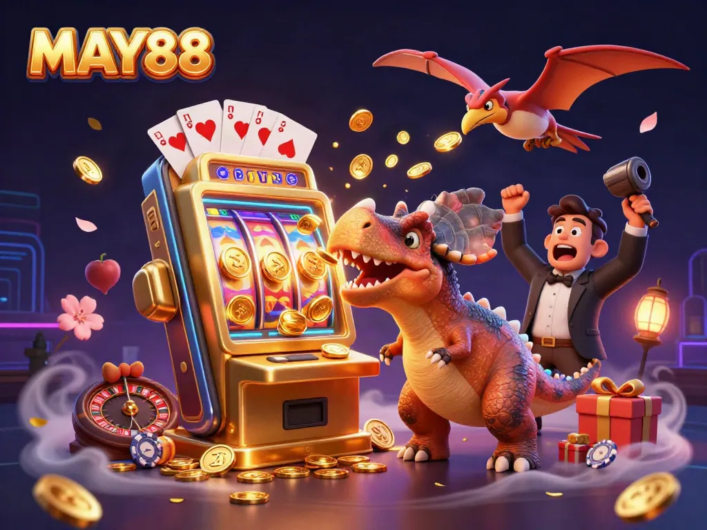 MAY88 attracts players with a pachycephalosaurus winning a jackpot at a dynamic casino scene.