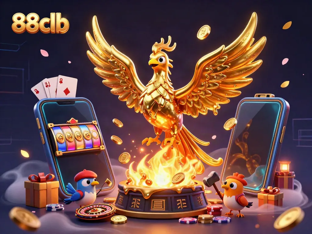 Engage with 88clb's vibrant casino experience featuring a molten golden phoenix, dynamic games, and vivid elements.