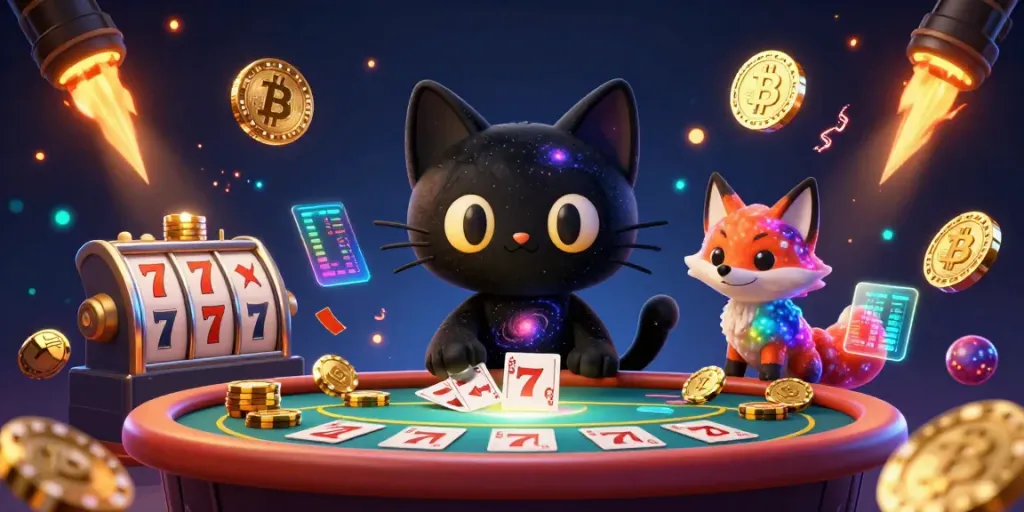 Experience the thrill of 8XBET with a cosmic cat at a vibrant casino table, surrounded by animated slots and glowing crypto elements.