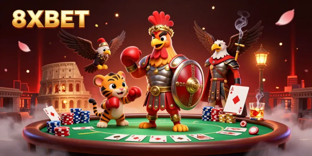 An engaging 8XBET online gaming scene featuring a gladiator rooster and poker elements showcasing winning strategies.