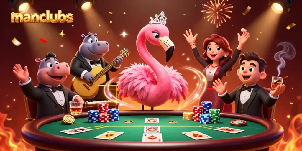 Engaging manclubs casino scene featuring a flamingo lounge singer and hippo bassist with vibrant poker elements.