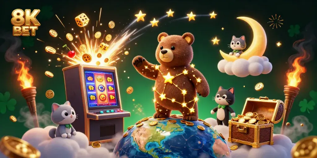 Experience the excitement of 8K BET with vibrant casino elements and a dynamic scene of shooting stars and rich visuals.