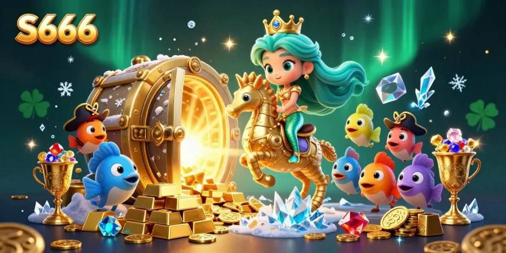 S666 takes you underwater with a colorful mermaid princess riding a golden seahorse, exploring treasure and jewels.