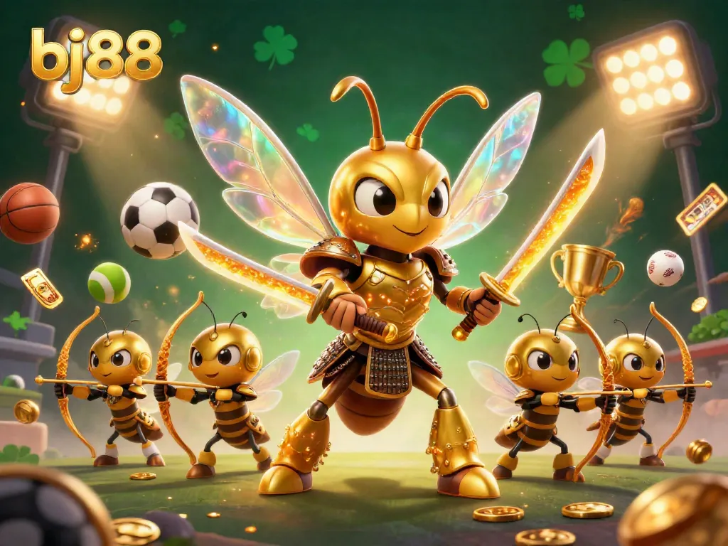 BJ88's dynamic casino scene with a golden hornet and sports elements capturing the essence of online betting excitement.