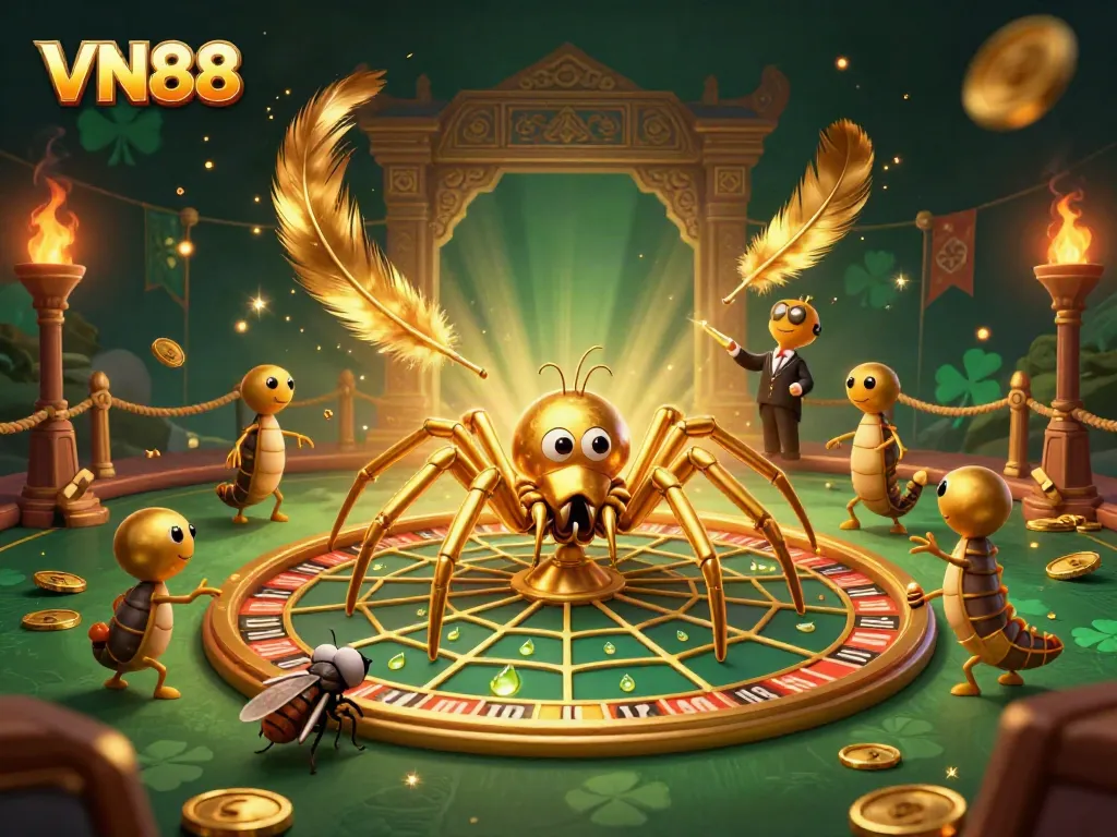 Place bets at VN88 as a fly engages with a golden roulette wheel web spun by a spider.