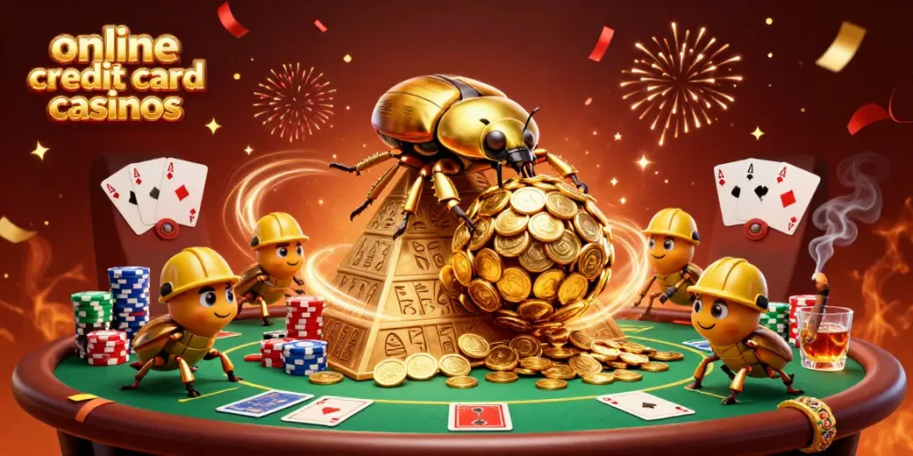 Experience thrilling action at online credit card casinos with vibrant casino elements and dynamic characters.