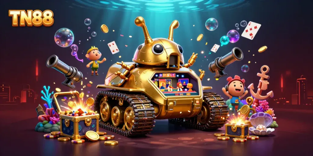 Win big with TN88! Engaging 3D casino scene featuring exciting games and dynamic elements.