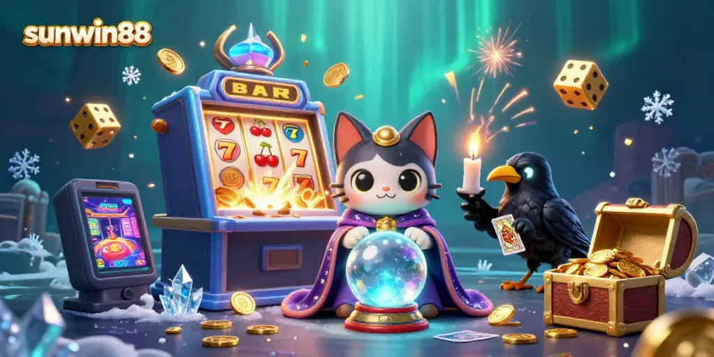 Experience excitement with sunwin88, featuring 3D cartoon characters in rich casino scenery.