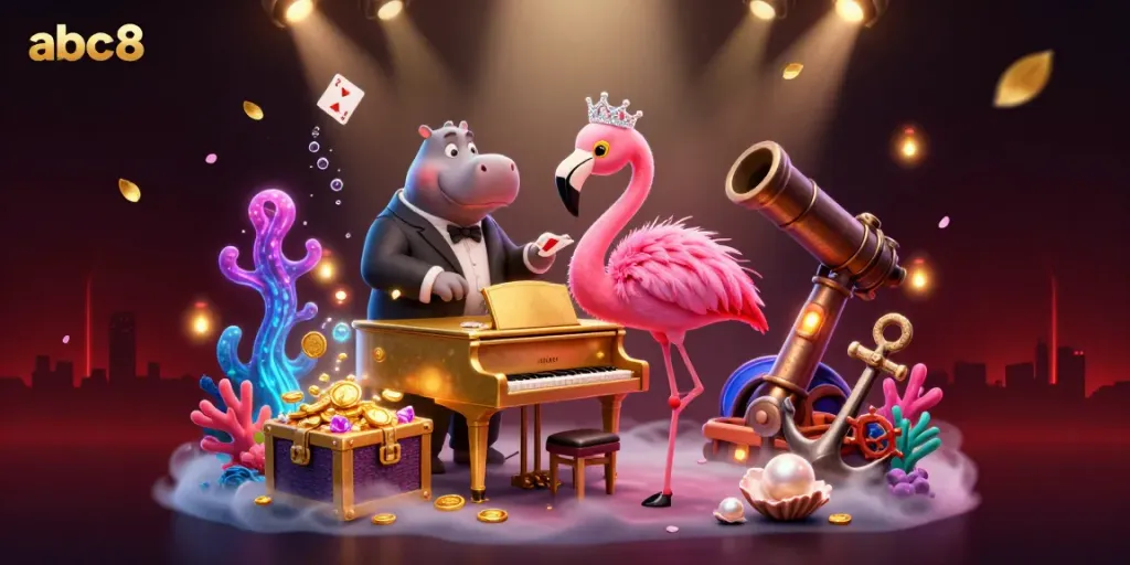 Experience the vibrant world of abc8 with a singing flamingo and bass-playing hippo amid casino magic.