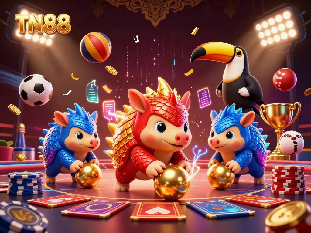 Experience TN88 action with pangolins bowling through poker chips amidst a vibrant casino scene.