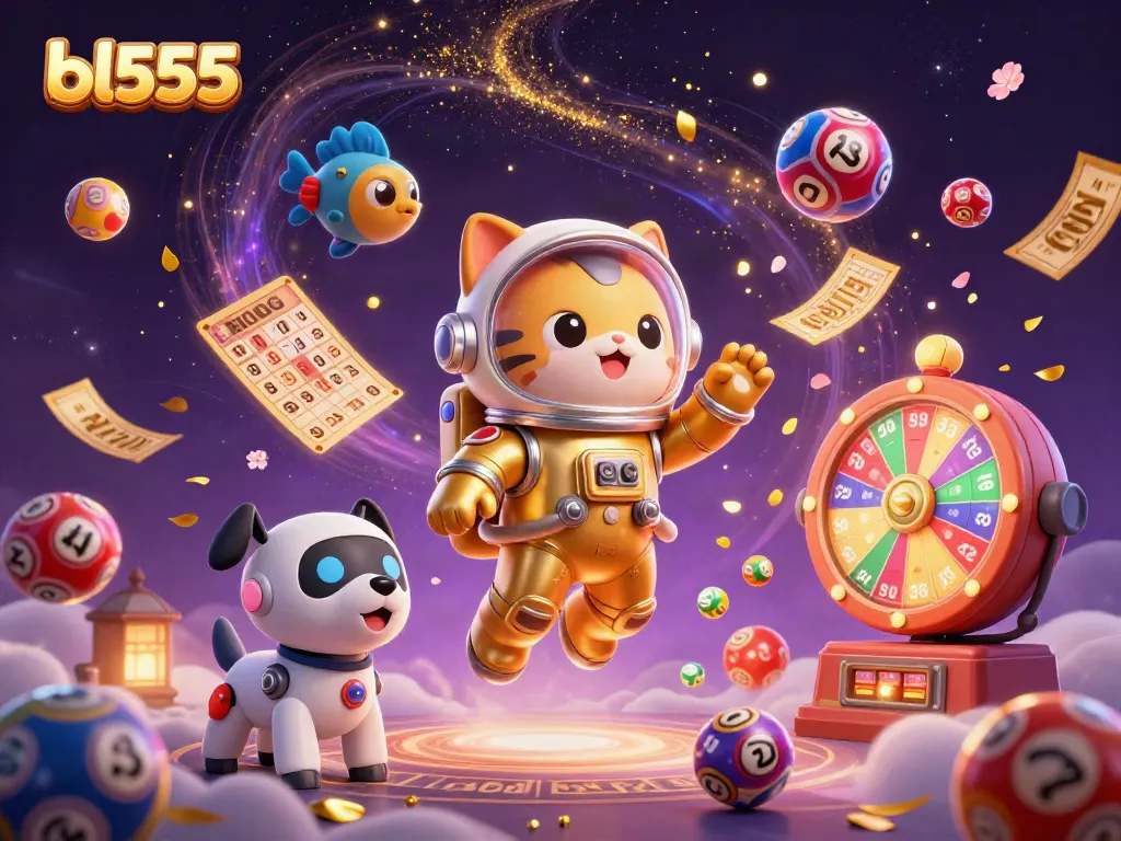 Experience thrilling gaming adventures with bl555 featuring a golden astronaut cat and dynamic lottery elements in a vibrant setting.