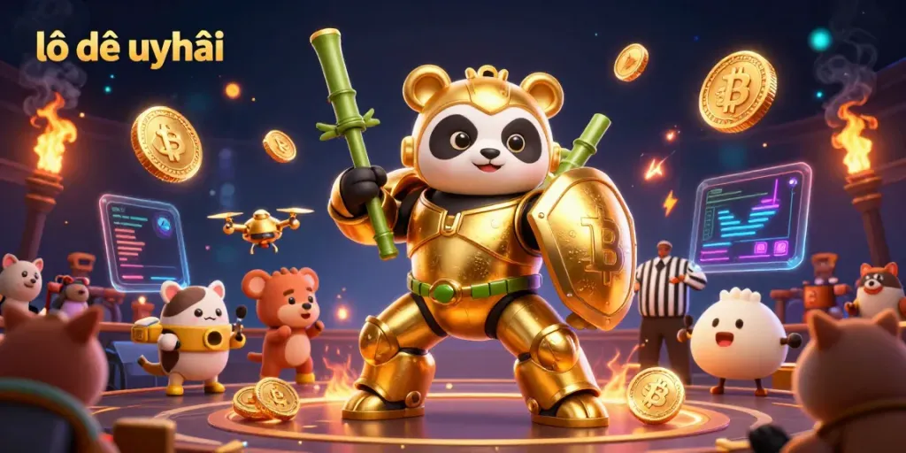 Engaging illustration showcasing excitement in lô đề uy tín with gold panda in battle mode and vibrant digital elements.