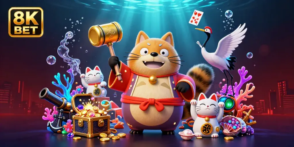 Experience thrilling gaming with vibrant 3D illustration of 8K BET featuring joyful characters and dynamic gaming elements.