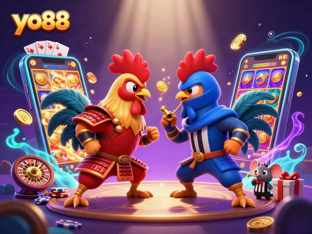 Join the thrilling yo88 showdown featuring cartoon roosters in a dramatic arena!