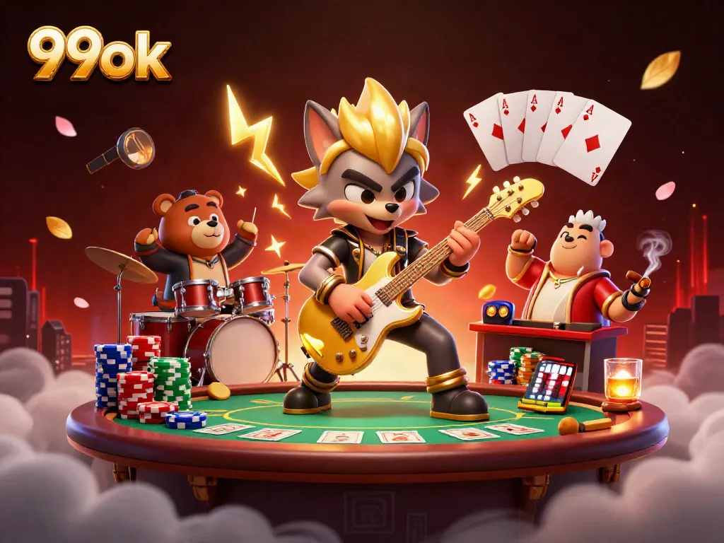 Experience the thrilling action at 99ok with rock star wolf and drummer bear on a vibrant casino stage.