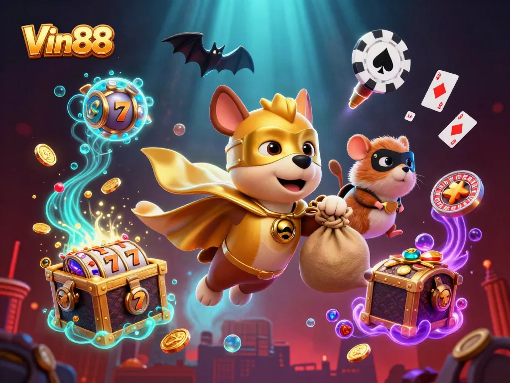 Join the excitement with Vin88, featuring a superhero dog and hamster in a dynamic casino adventure.
