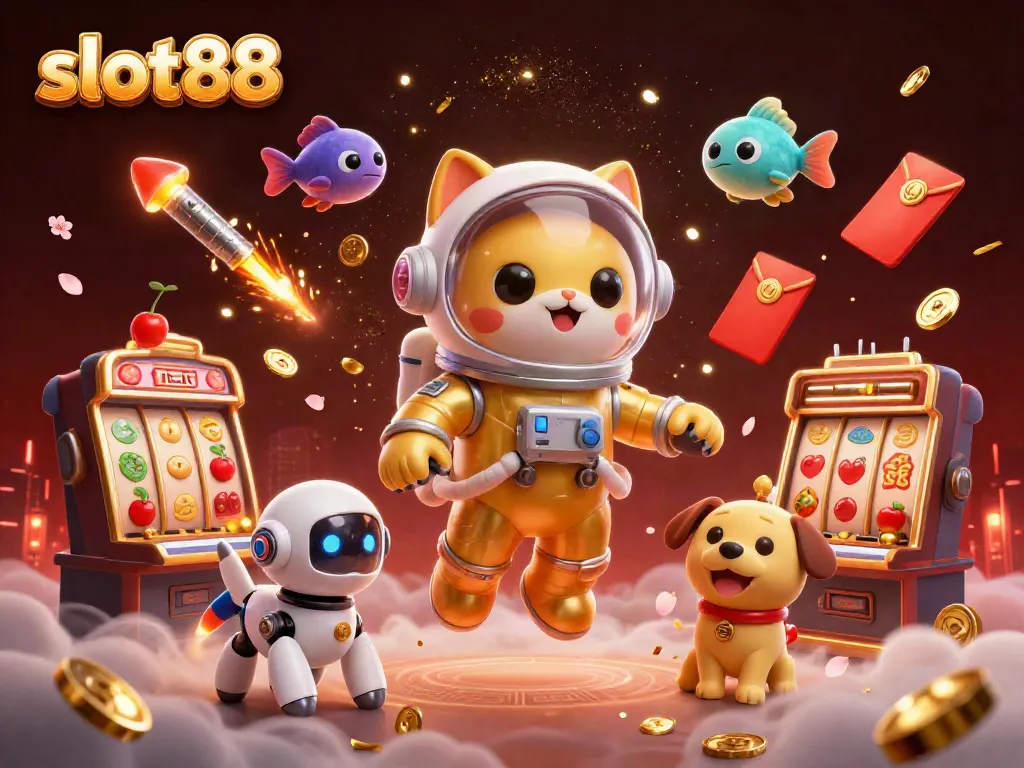 Experience the thrill of slot88 with a vibrant cartoon illustration featuring a golden-suited astronaut cat and a robot dog among exciting game elements.