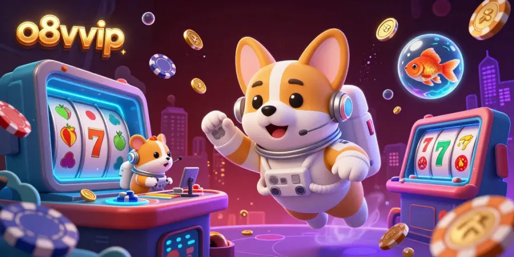 Experience thrilling gaming adventures at o8vvip with an astronaut corgi in a floating casino.