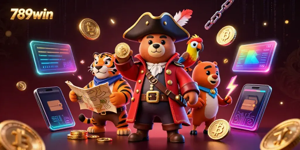 Experience the excitement of 789win with a pirate bear, tiger, and crypto elements in a vibrant casino scene.