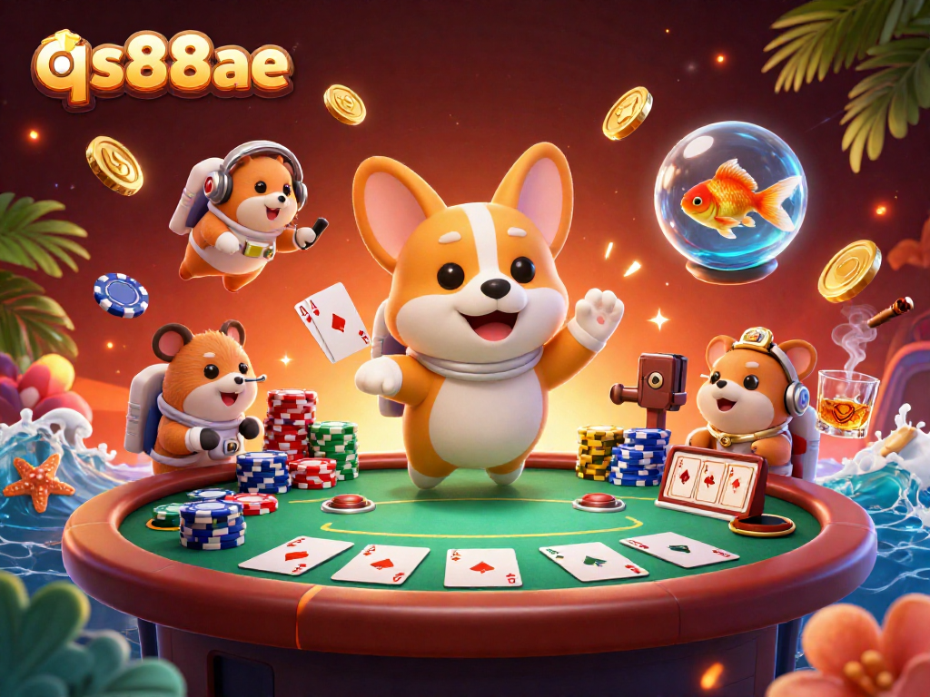 Win big with qs88ae in a vibrant 3D casino scene featuring animated characters and gambling elements.
