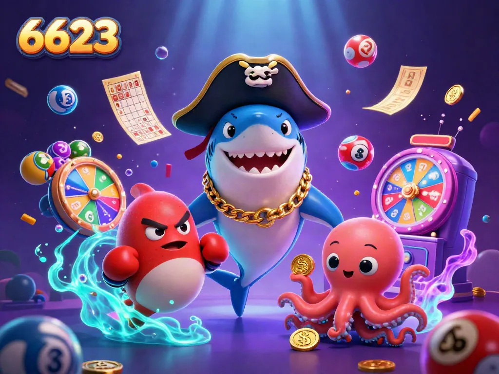 Experience exciting gaming at 6623 with a vibrant 3D scene showcasing a pirate shark, pufferfish, and octopus amidst dynamic lottery elements.