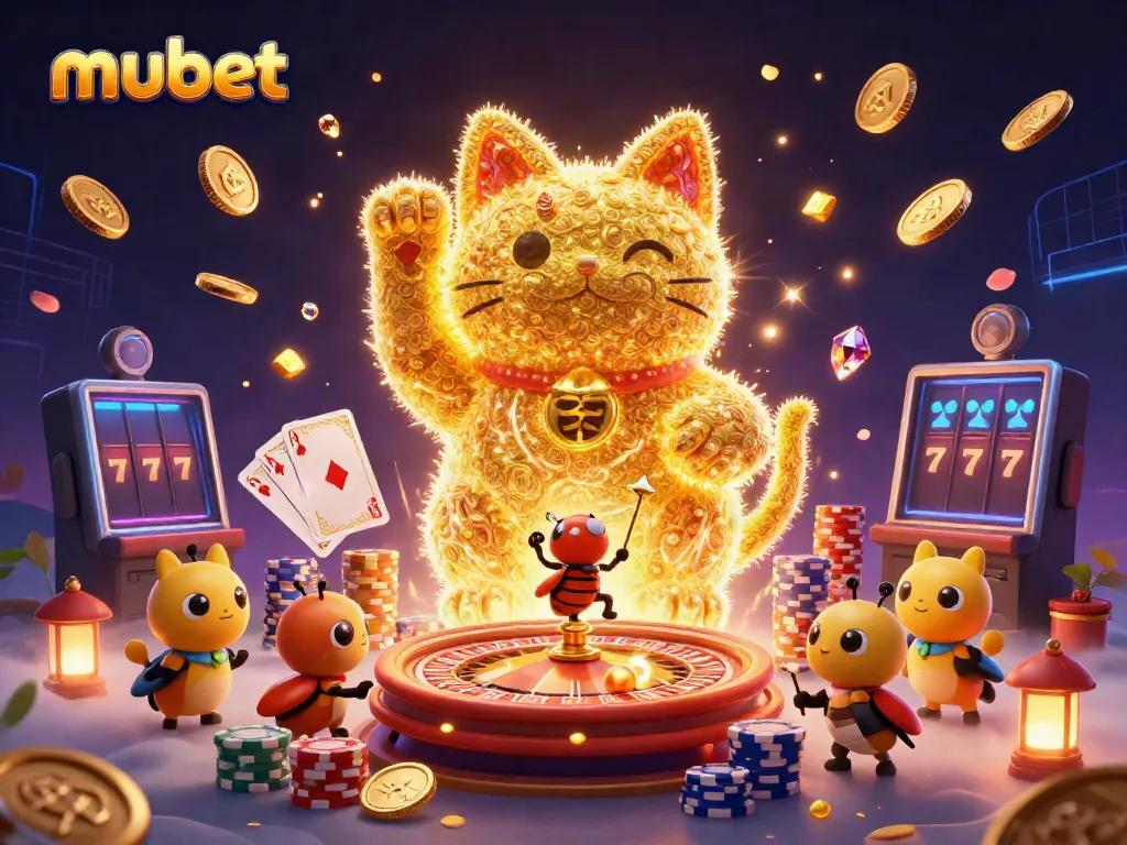 Experience winning moments at mubet, featuring a vibrant lucky cat and sparkling casino elements.