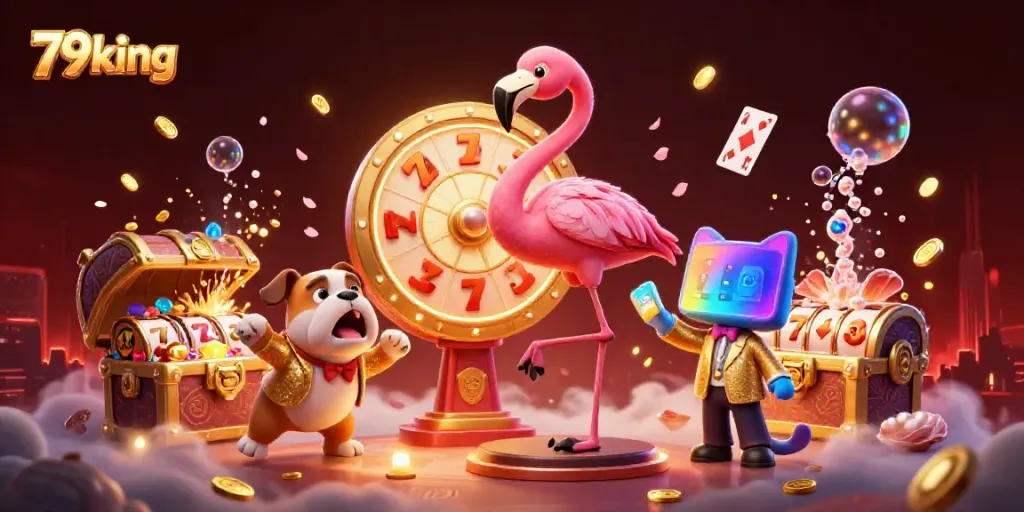 Experience the excitement of 79king with a 3D show host and bulldog surrounded by slot machines and underwater treasures.