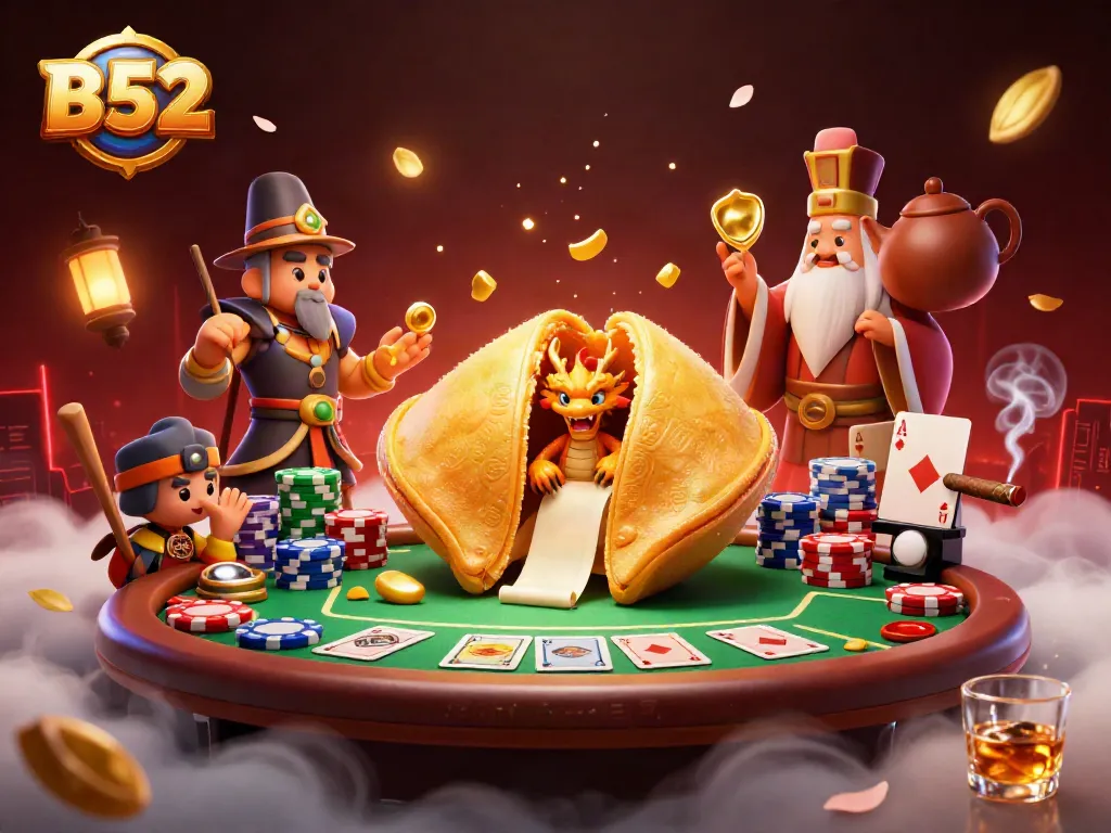 Engage in thrilling B52 casino adventures with a dragon, golden fortune cookie, and poker elements.