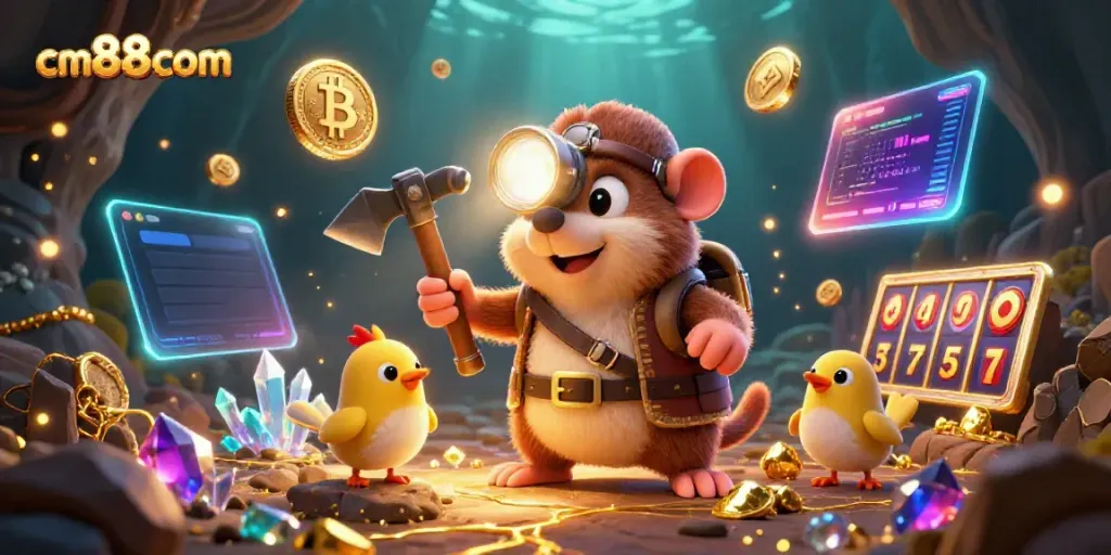 Experience the excitement of cm88com with a vibrant casino scene featuring a treasure hunter mole amidst gold and crypto elements.