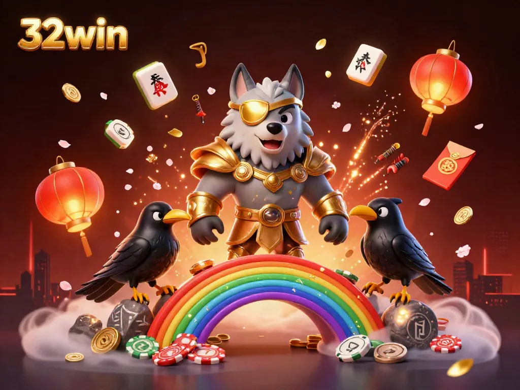 Experience the thrill of 32win through vibrant casino-themed 3D art filled with gaming elements.