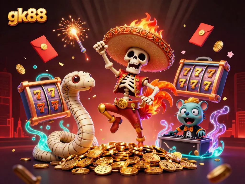 Experience thrilling gameplay at gk88 with vibrant characters dancing amidst gold coins and slot reels.