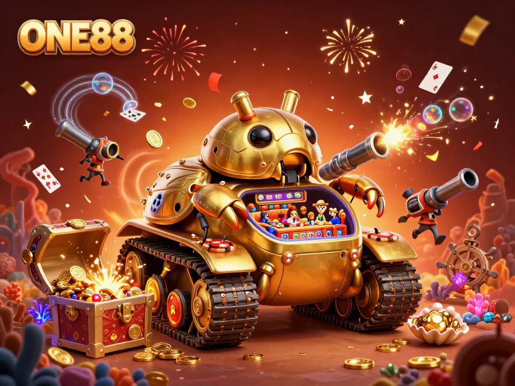 Engage with the excitement of ONE88's vibrant gaming scene featuring a dynamic golden beetle tank.