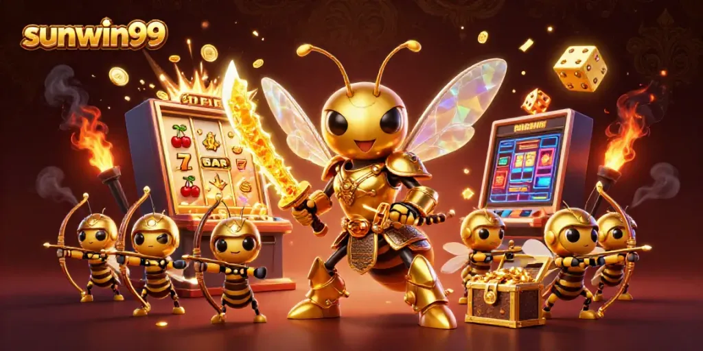 Experience the excitement at sunwin99 with an energetic 3D casino scene packed with vibrant elements.