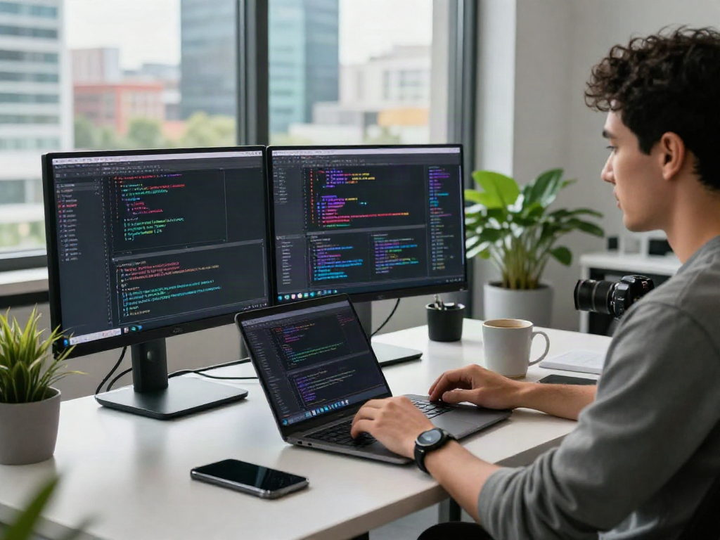 Developer coding at modern workspace with vibrant city view showcasing crushon ia technology.
