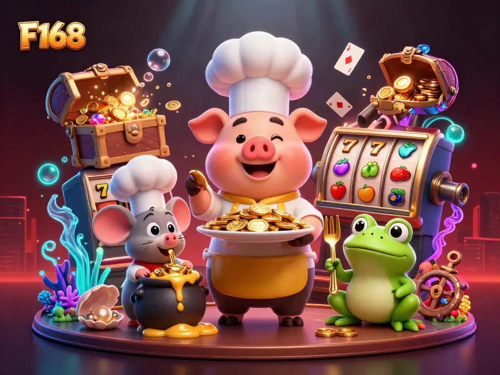 Engage with F168's vibrant casino world featuring a cartoon chef pig serving golden coins amidst dynamic gaming elements.