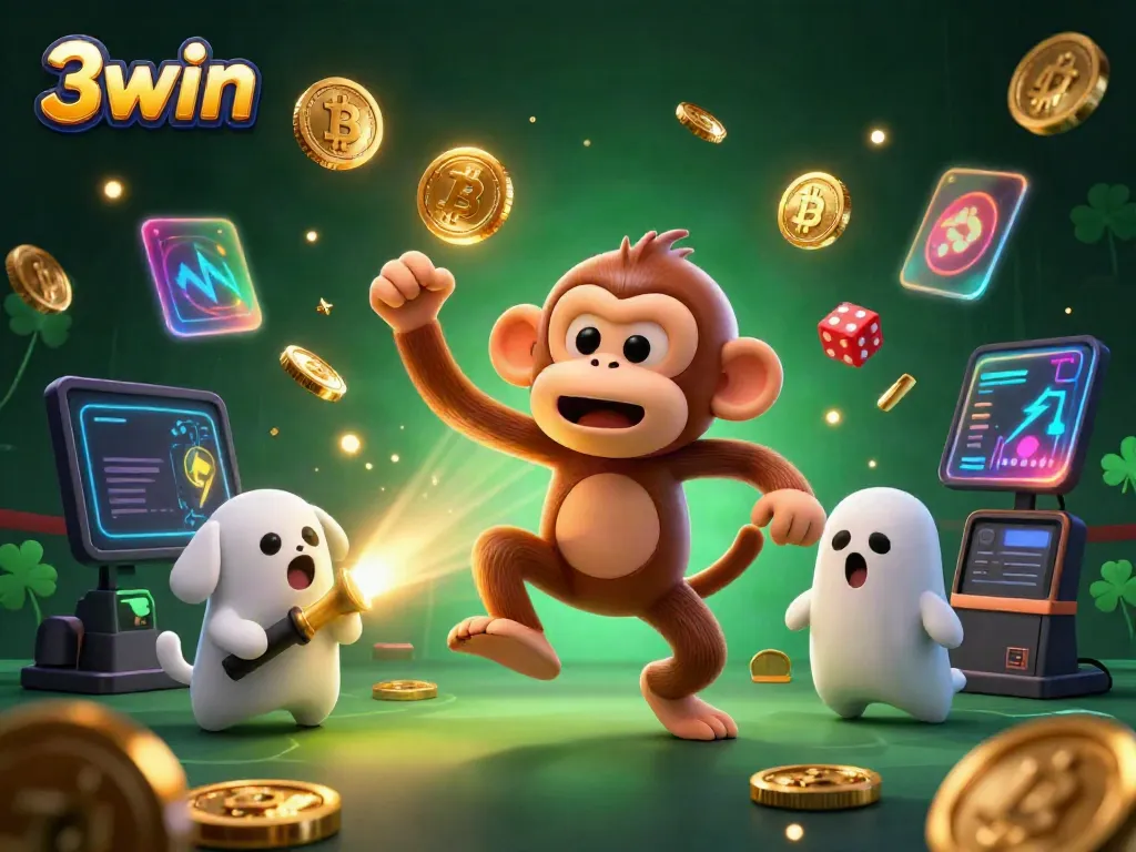 Experience the thrilling 3win casino atmosphere featuring a playful poltergeist monkey and ghost-hunter puppy amidst vibrant crypto elements.