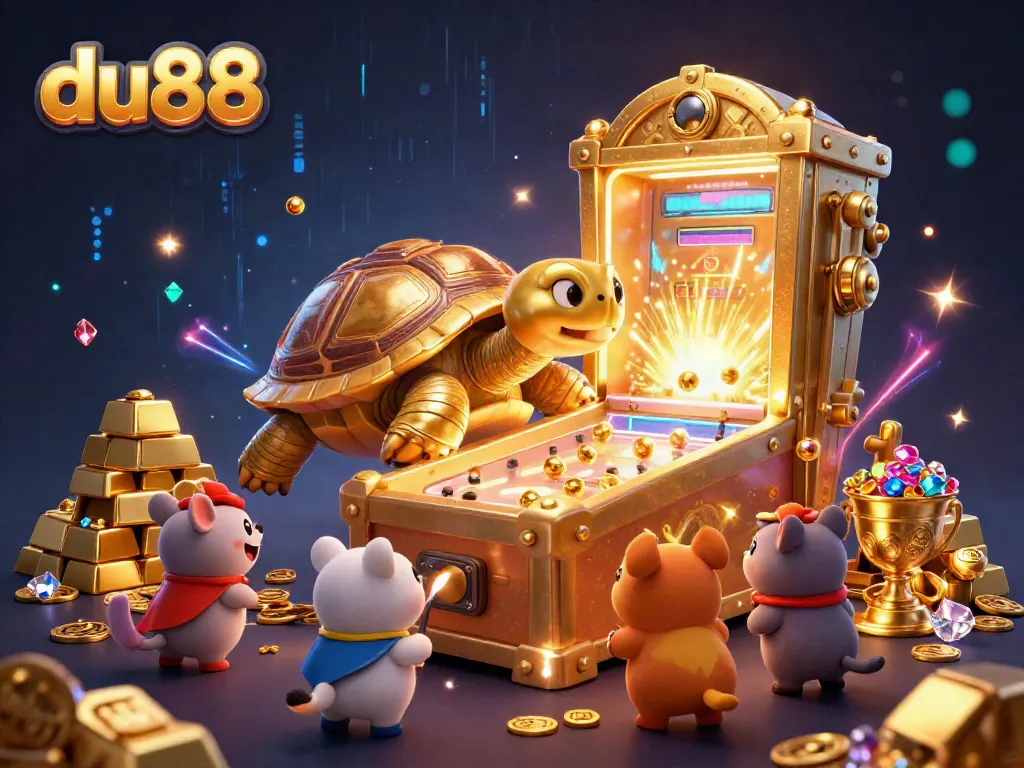 Excited players enjoy gaming at du88 with a colorful 3D tortoise and treasures