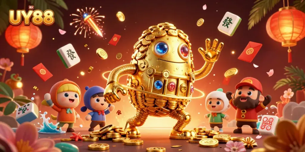 Experience the thrill of winning at UY88 with this vibrant 3D illustration of a golden golem surrounded by casino elements.