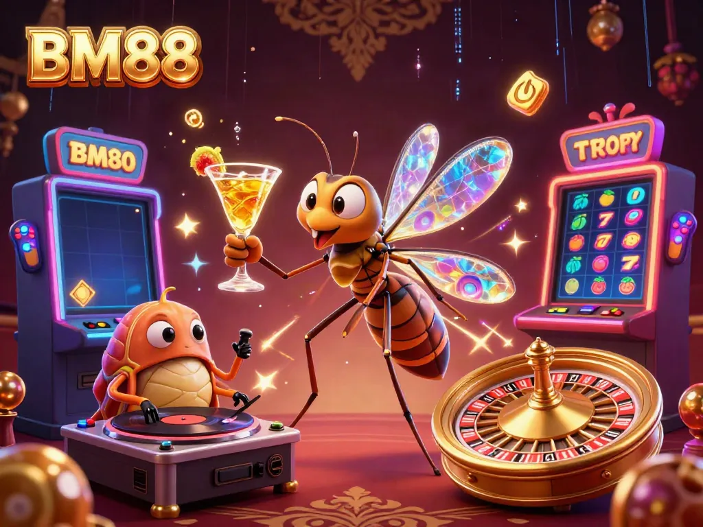 Experience the thrilling atmosphere of BM88 with a lively casino scene featuring unique characters.