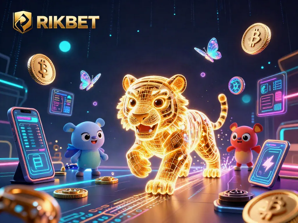 Experience the vibrant energy of RIKBET within a neon-wireframe casino landscape filled with digital treasures.