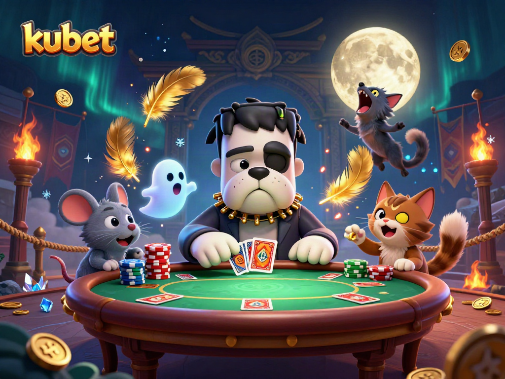 Bettors enjoy exciting poker action in a vivid kubet-themed 3D illustration featuring lively characters.