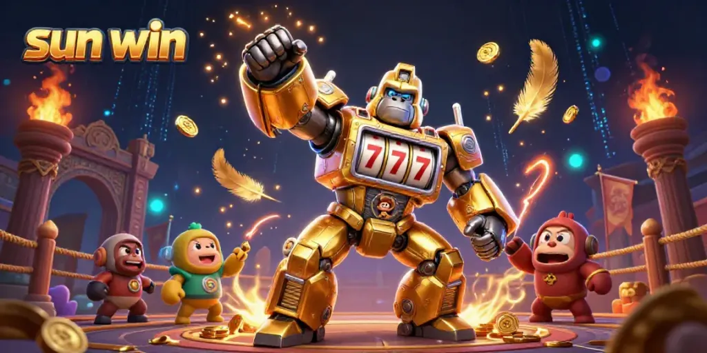 Engaging scene of sun win with a 3D golden gorilla mech amid casino elements, showcasing excitement and entertainment.