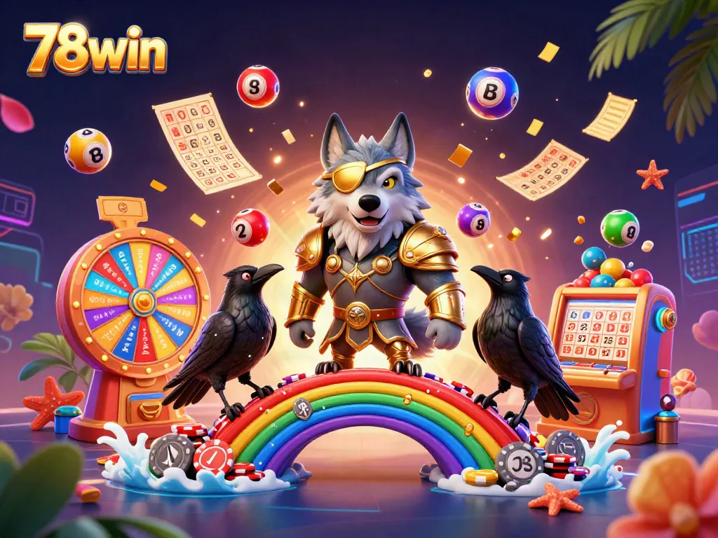 Experience the excitement of 78win with a vibrant scene of casino elements and mythical characters.