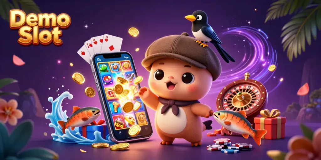 Play the Demo Slot with a vibrant 3D illustration featuring Nessie and thrilling casino elements.