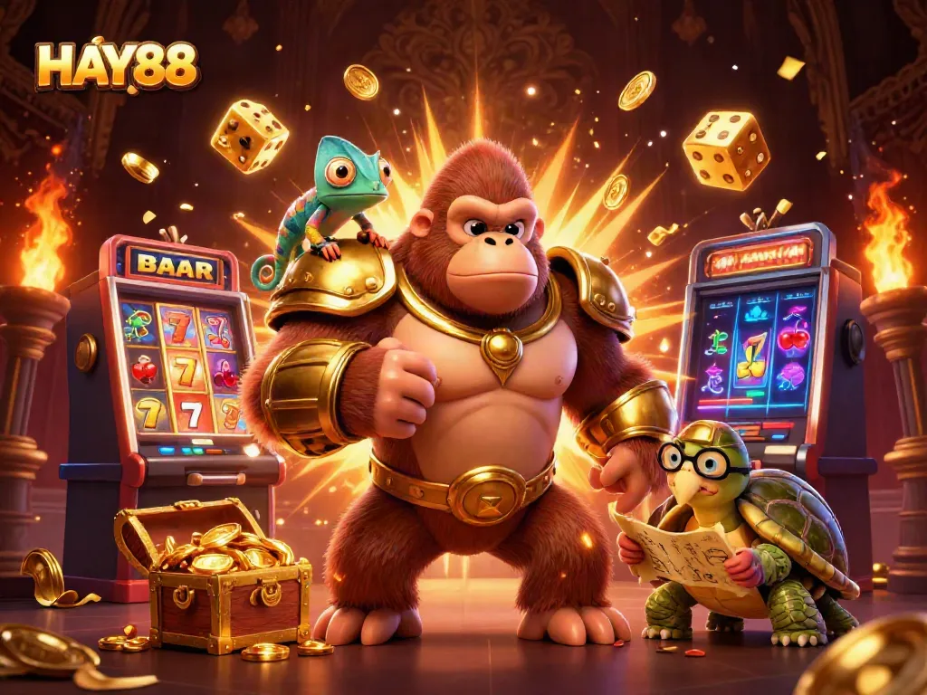 Spin the reels and hit jackpots with HAY88 in this vibrant casino scene illustration.
