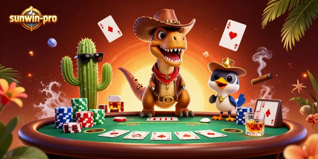 Engage in poker excitement with the sunwin-pro T-Rex and friends celebrating victories in a lively casino scene.